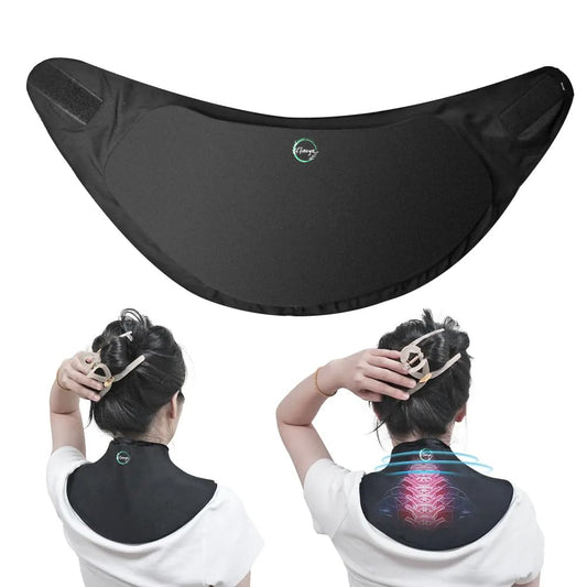 Black neck and back massager with glowing red lights on a white background