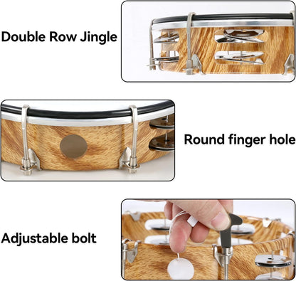 Person shaking a handheld tambourine to produce sound using bell blades.