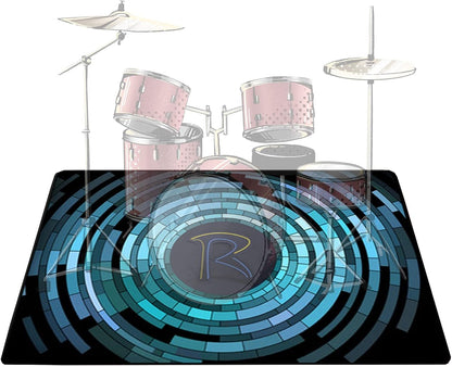 Drum set design on a black and blue abstract background with a logo.