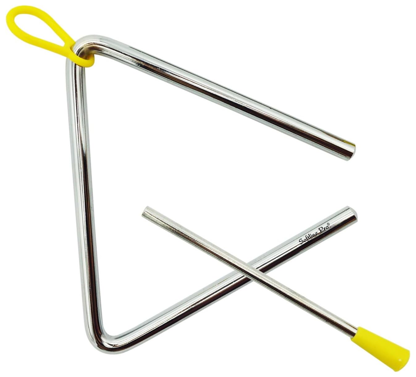 Metal triangle with yellow handles on a white background