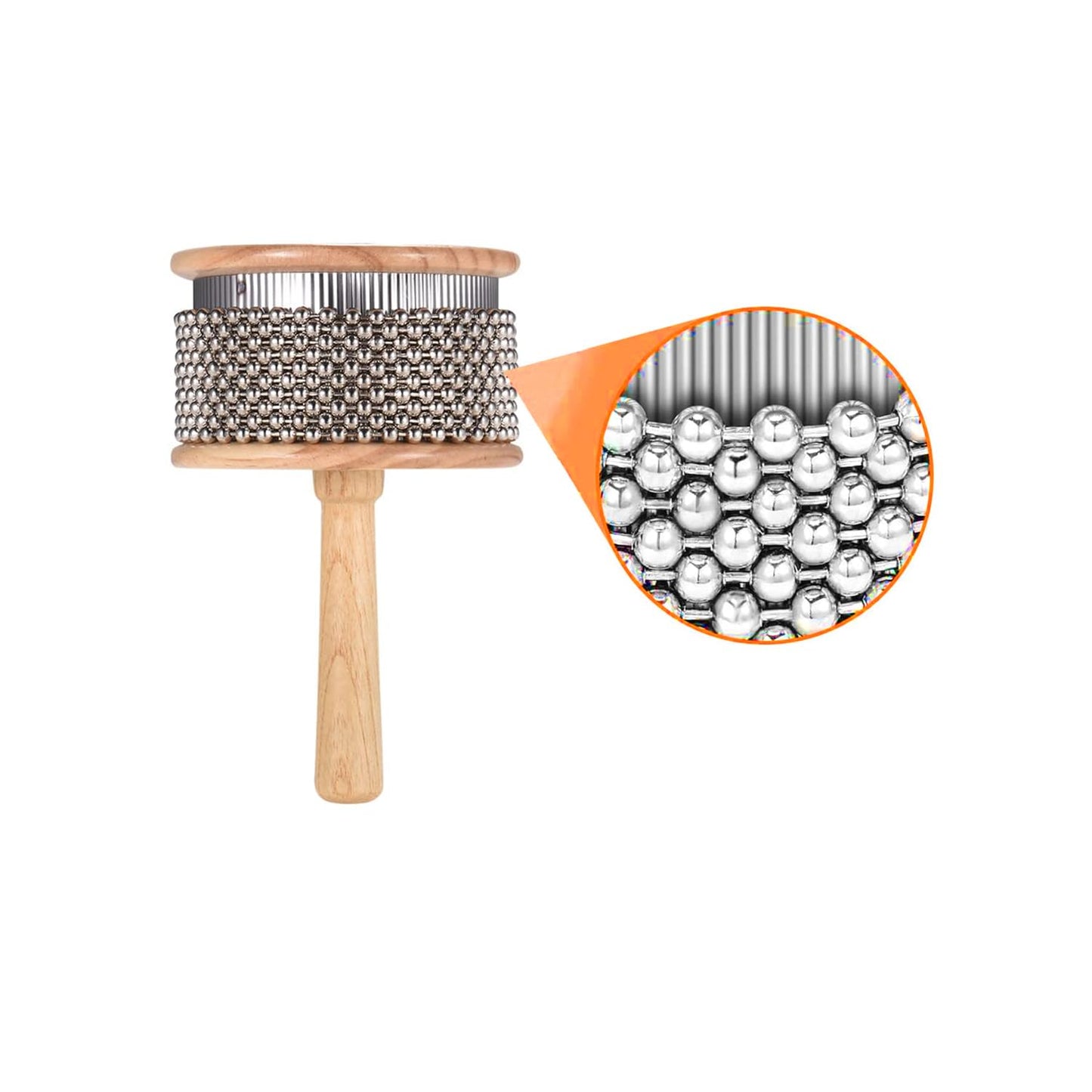 Wooden mallet with metal beads and close-up of beads on a white background