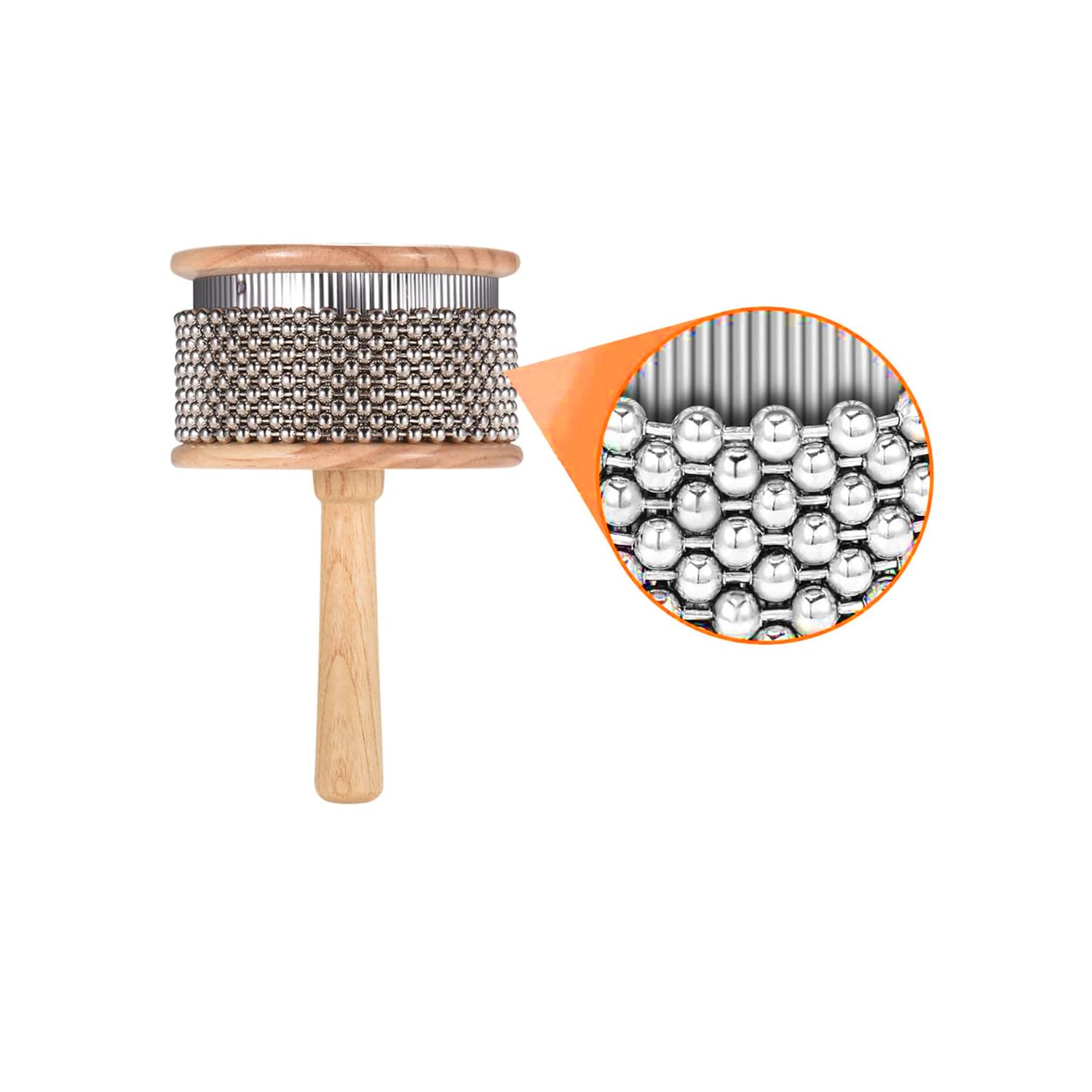 Wooden mallet with metal beads and close-up of beads on a white background