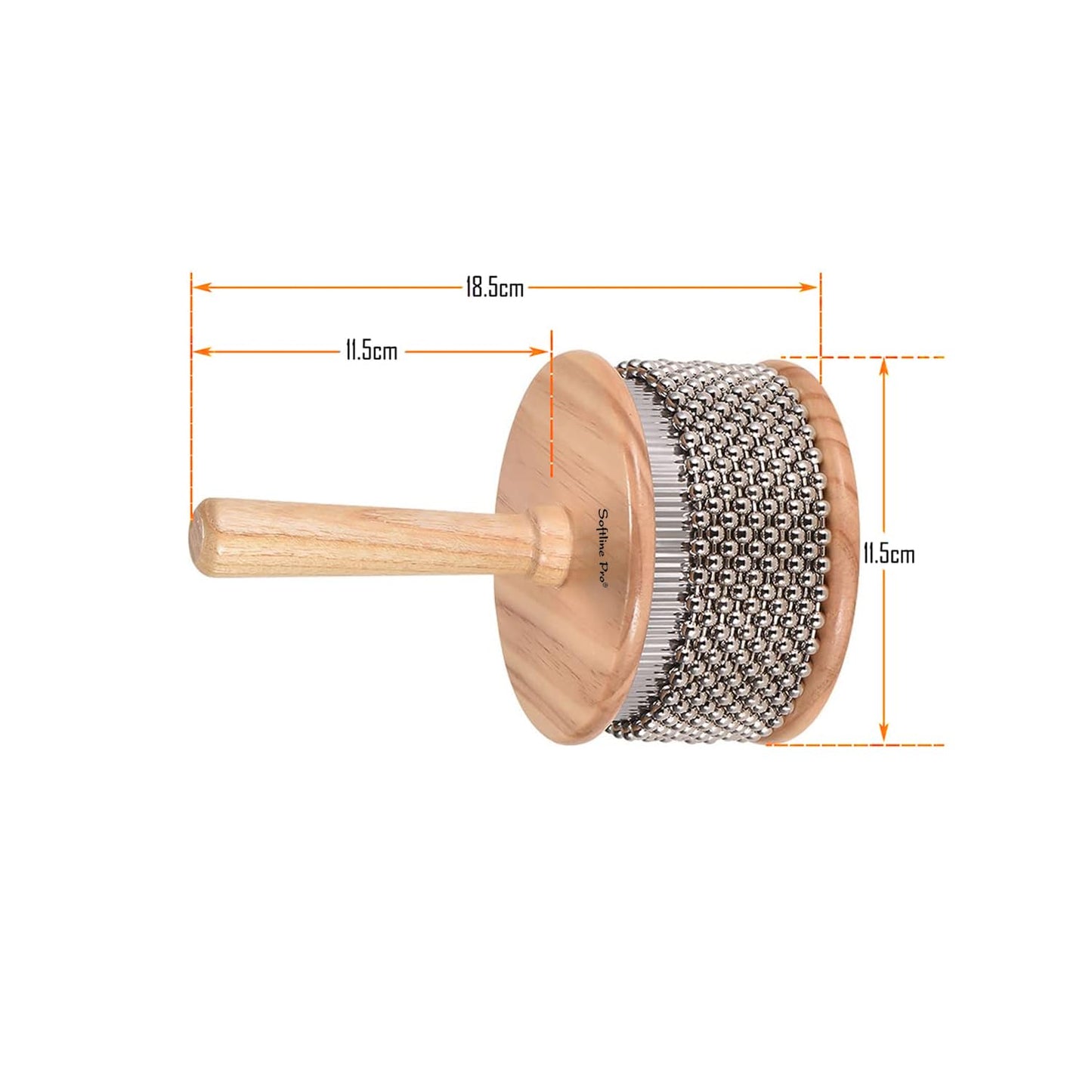 Wooden brush with metal bristle head and measurements on a white background