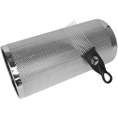 Metal mesh strainer with handle on a white background
