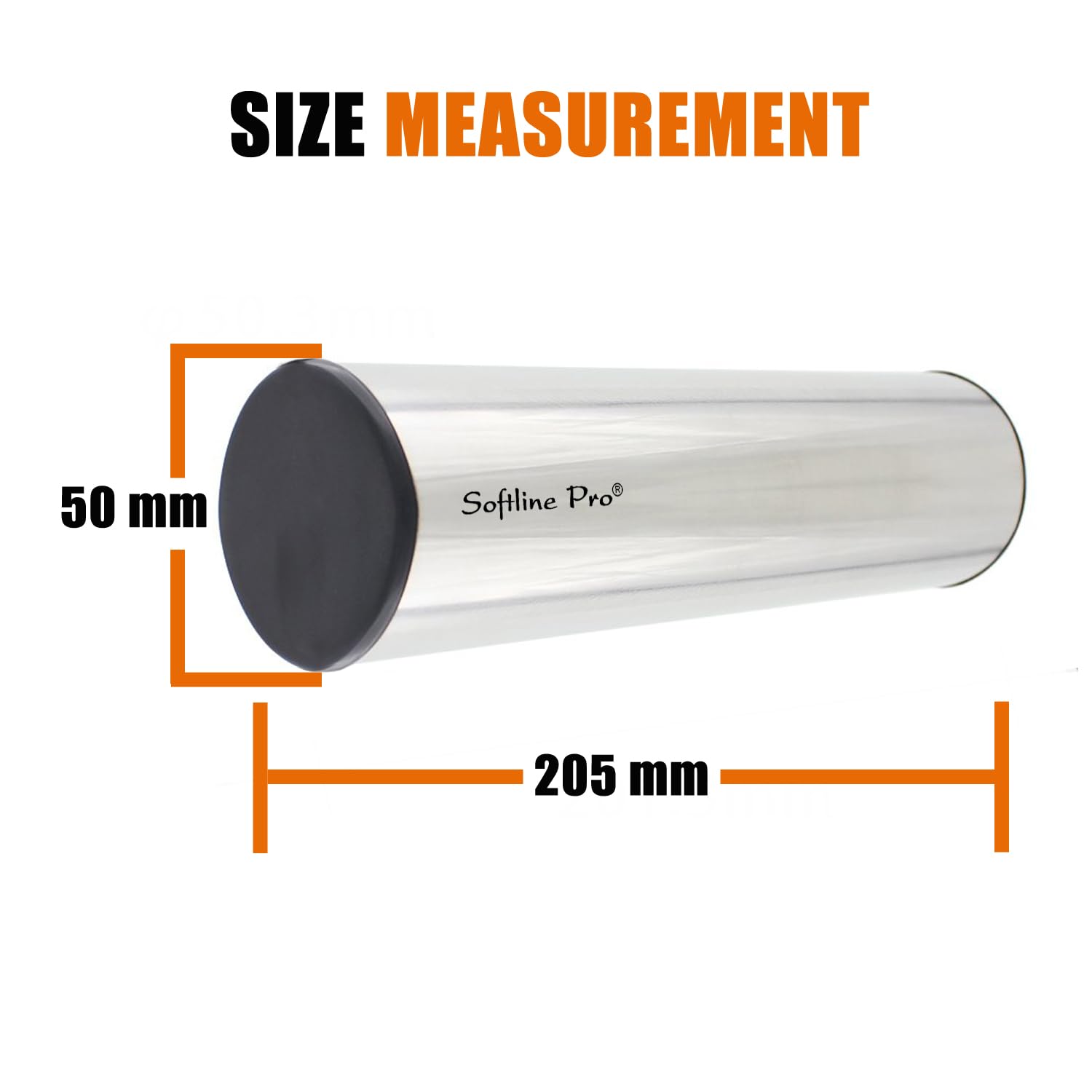 Measurement of a cylindrical object with 'Softline Pro' branding, showing dimensions on a white background.