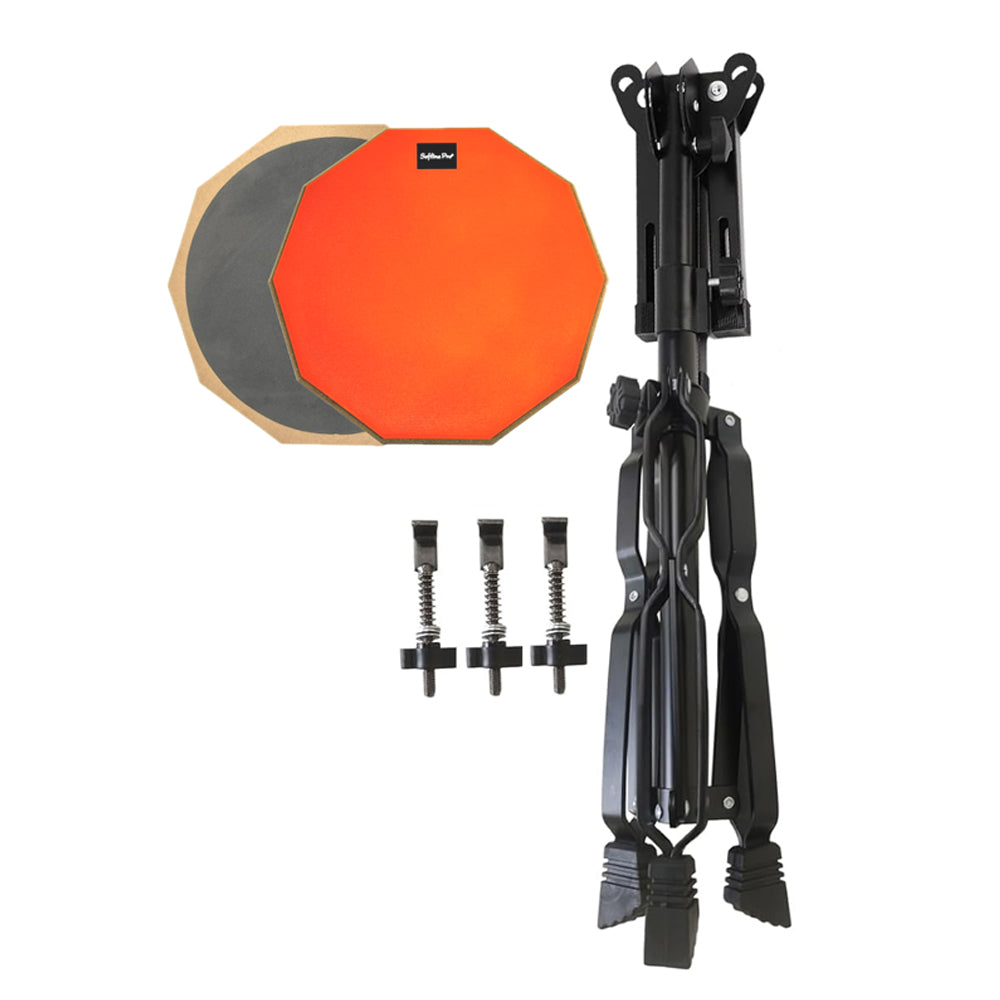 Drum practice pad with stand and accessories on a white background