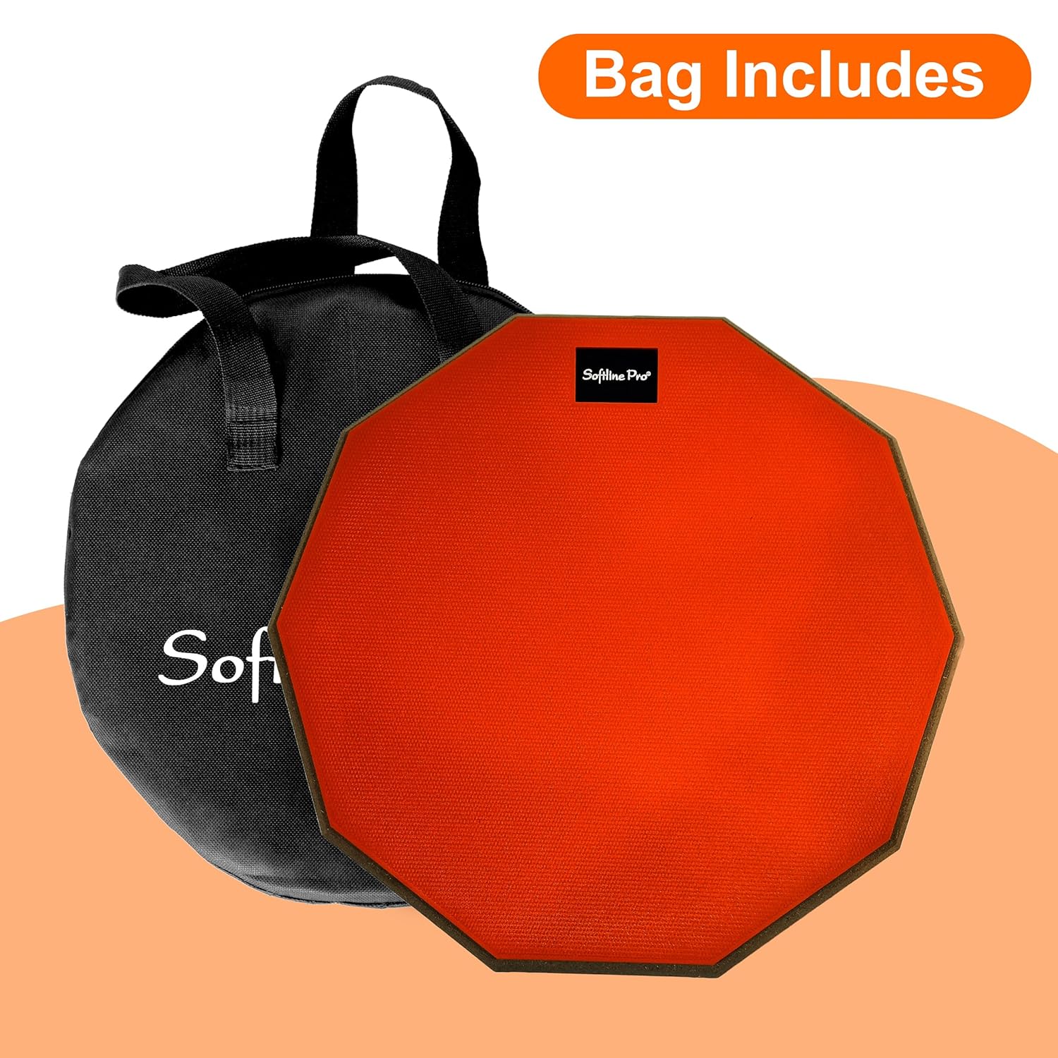 Red octagonal training pad with black carrying bag on a peach background