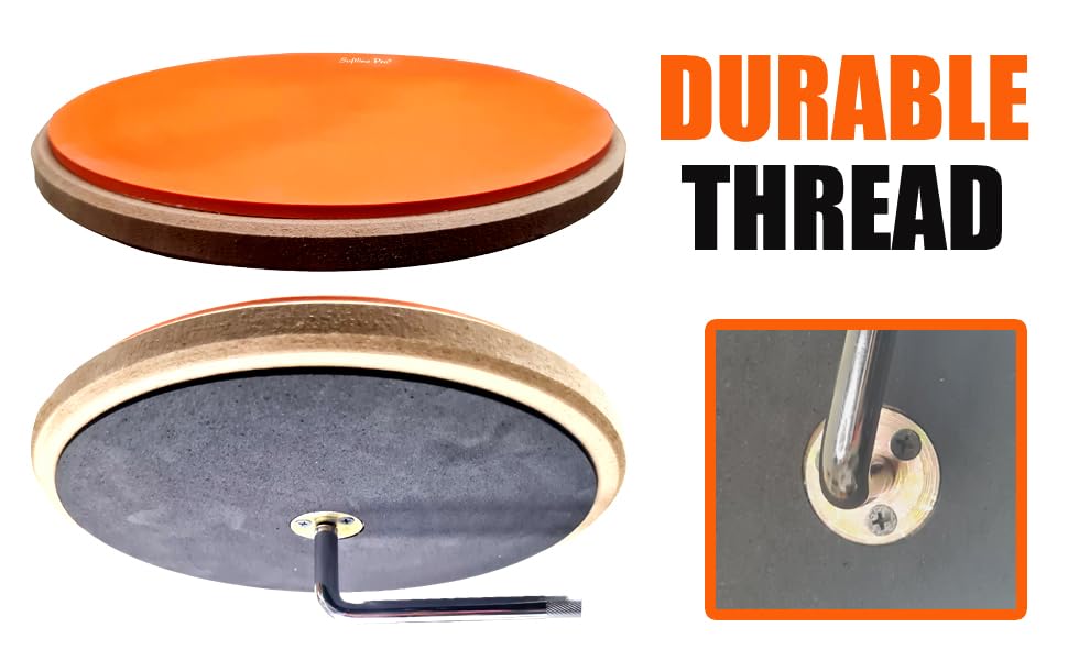 Two circular objects with different colored pads and a close-up of a metal hook on a white background.