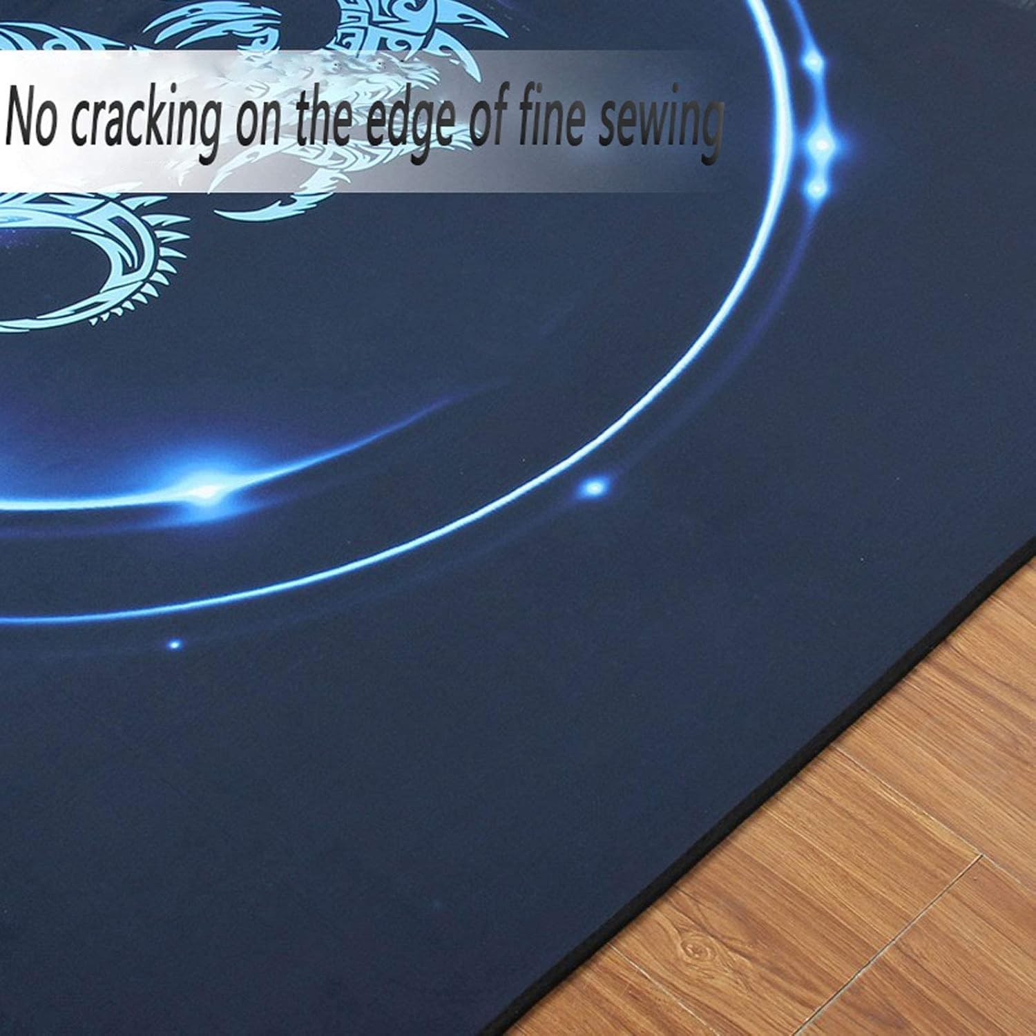 Blue mat with text 'No cracking on the edge of fine sewing' on a wooden floor