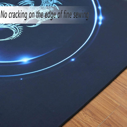 Blue mat with text 'No cracking on the edge of fine sewing' on a wooden floor