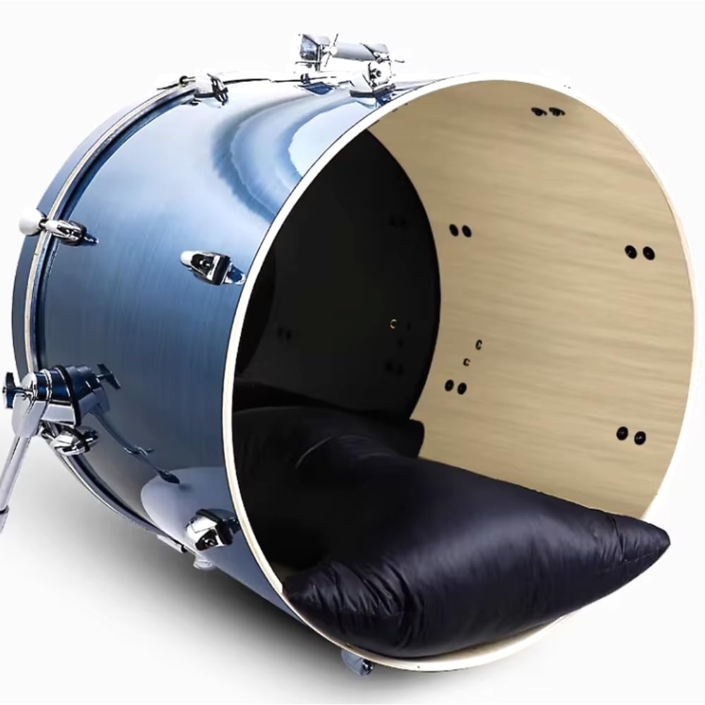 Blue bass drum converted into a chair with a wooden head and black seat.