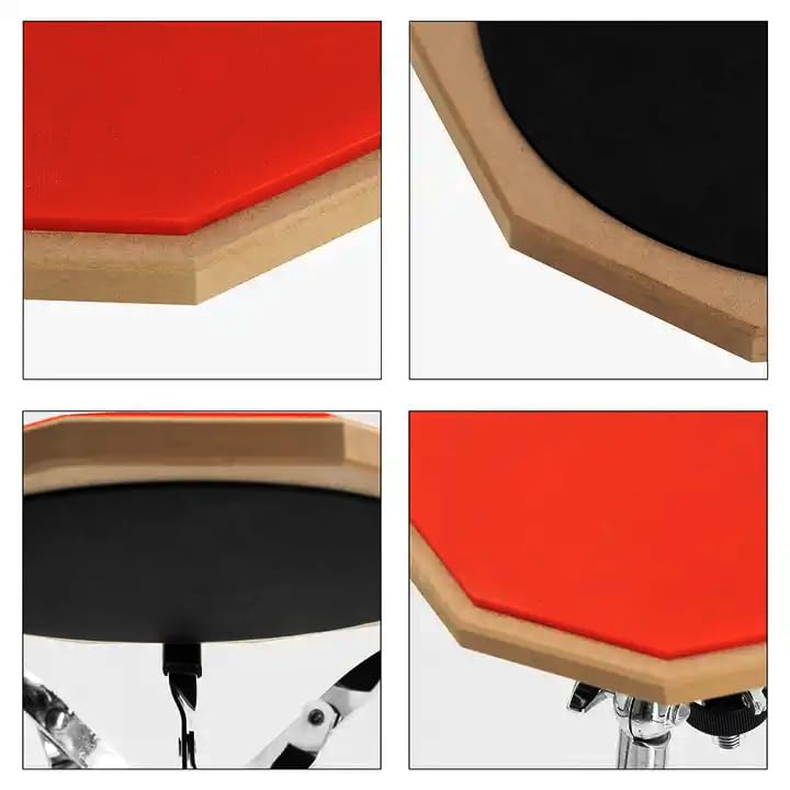 Four quadrant view of a chair with red cushion on a wooden frame.