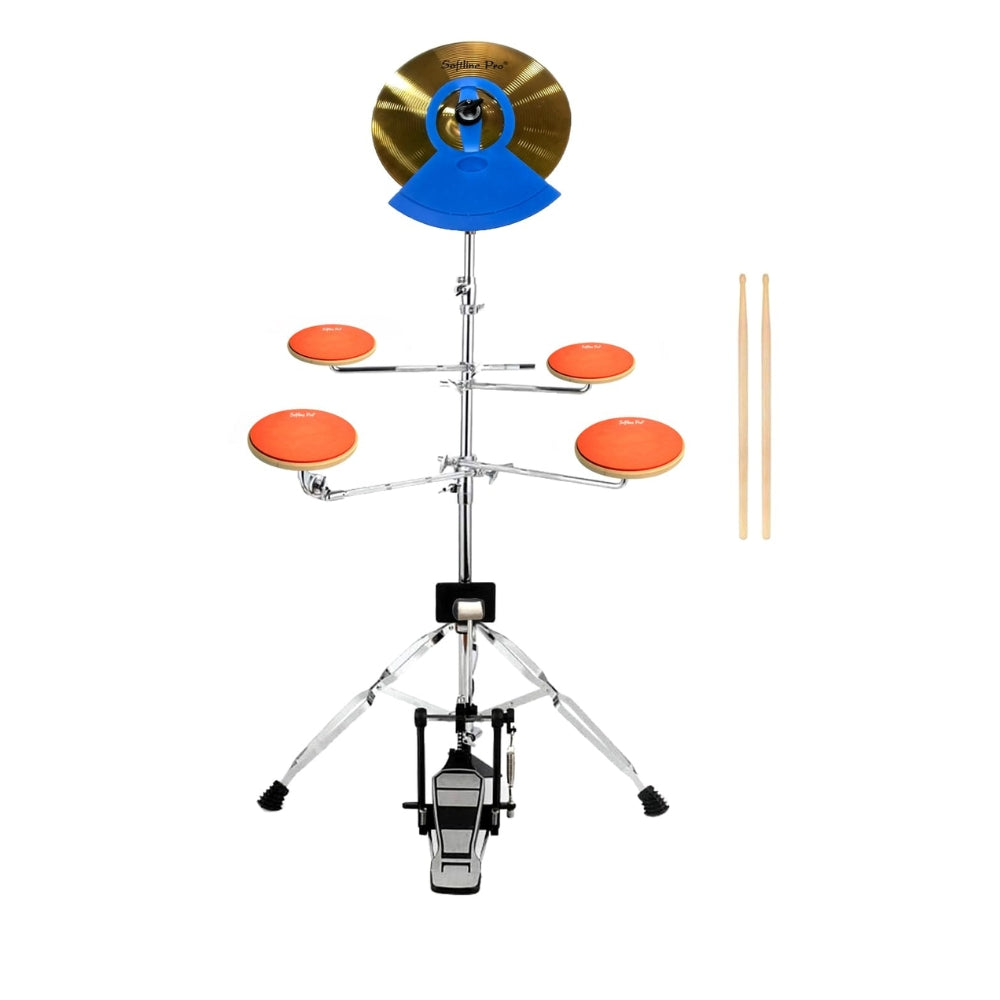 A drum practice pad set by Softline Pro, including a 10-inch round pad, an 8-inch round pad, and a 12-inch cymbal, mounted on a tripod stand with a drum pedal and drumsticks.