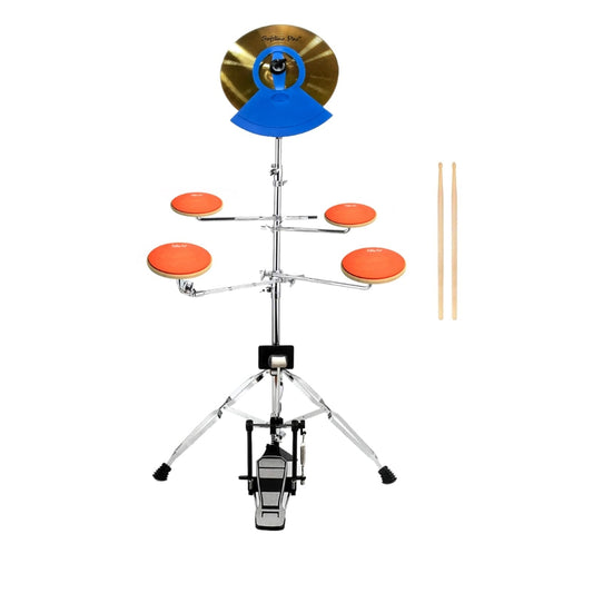 A drum practice pad set by Softline Pro, including a 10-inch round pad, an 8-inch round pad, and a 12-inch cymbal, mounted on a tripod stand with a drum pedal and drumsticks.