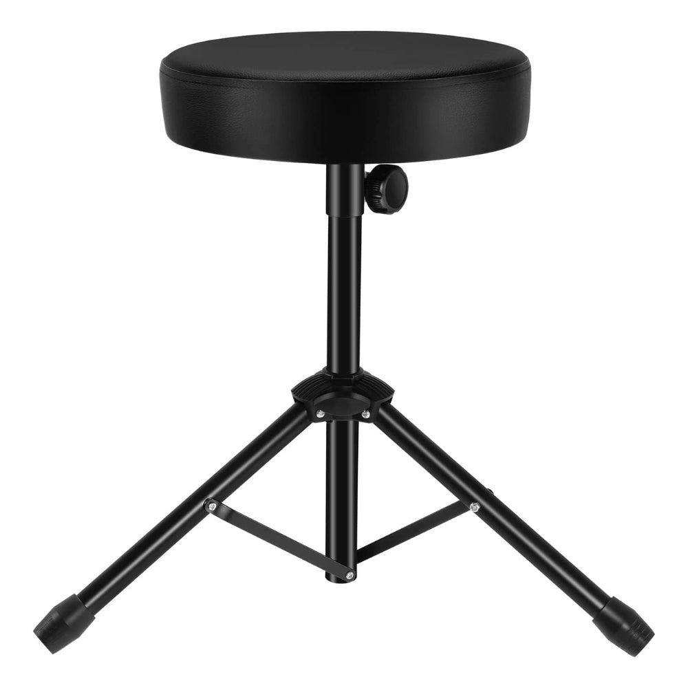 A black universal drum throne with a padded stool and a tripod base, featuring anti-slip feet and foldable design for portability.