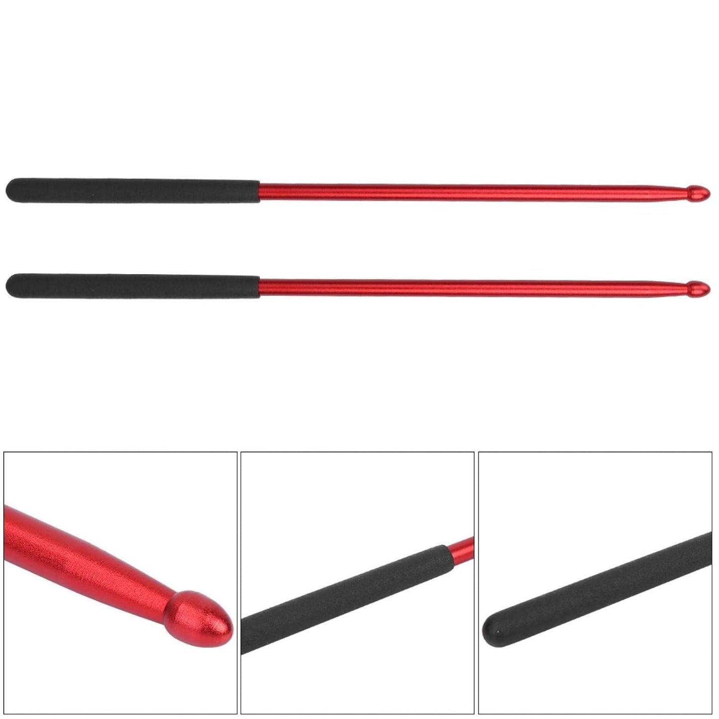 Two red and black drumsticks on a white background with close-up insets showing the design.