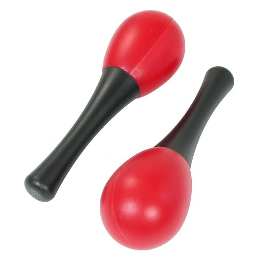 A pair of red and black plastic hand egg shaker rattles with handles.