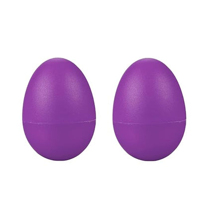 A pair of purple egg shakers made of plastic, designed for musical use.