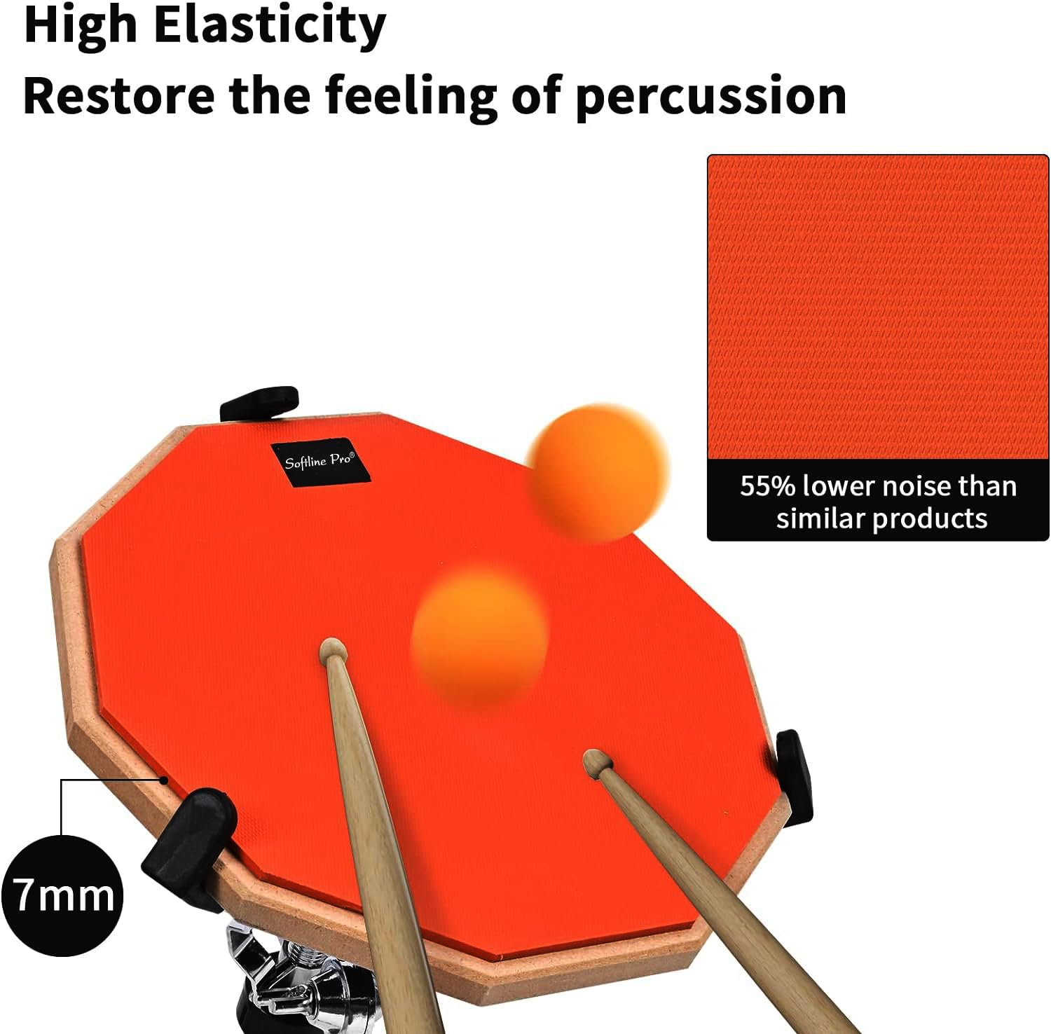Orange practice pad with drumsticks and text highlighting high elasticity and noise reduction.
