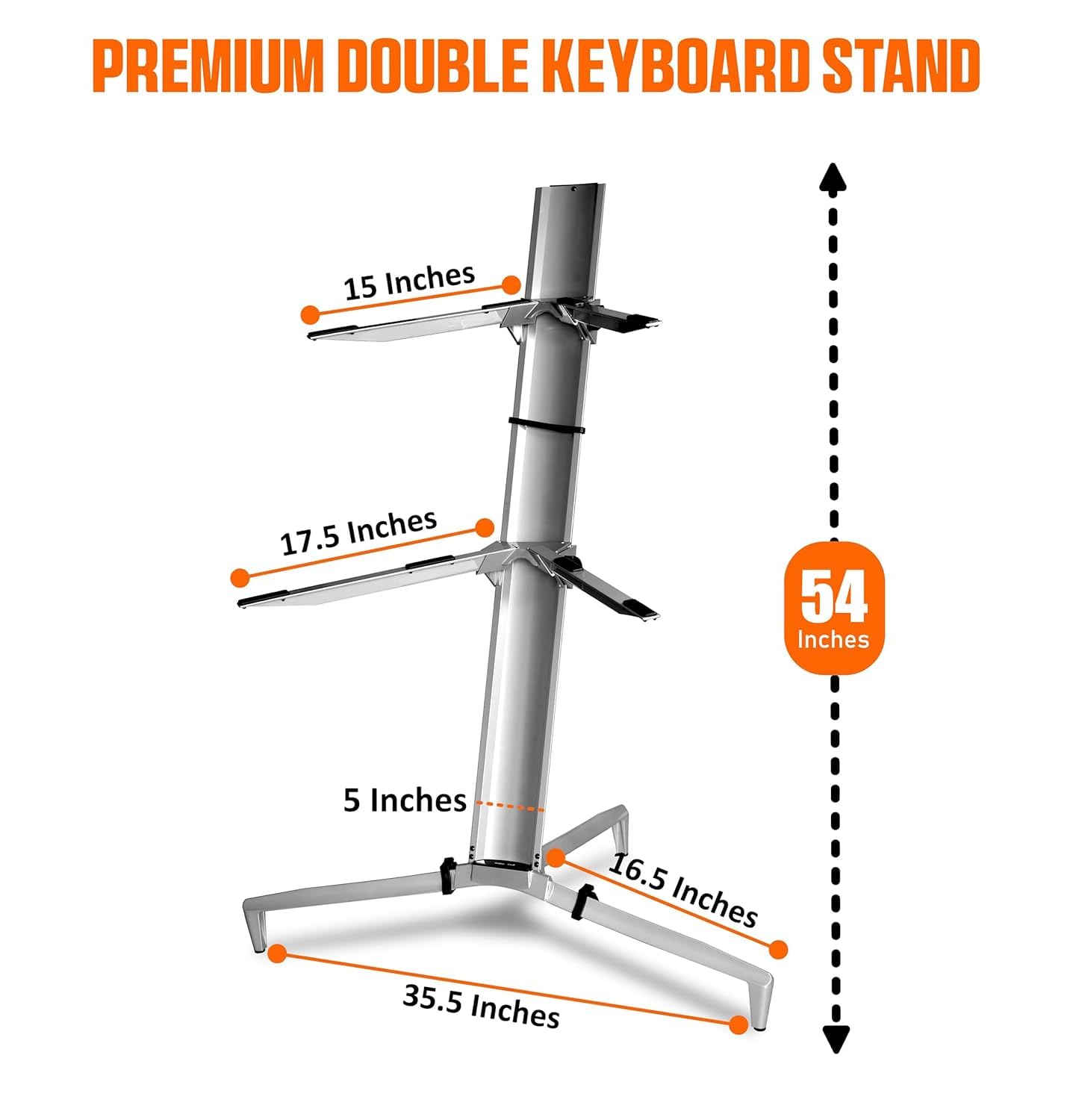 Measurement chart of a premium double keyboard stand with dimensions labeled.