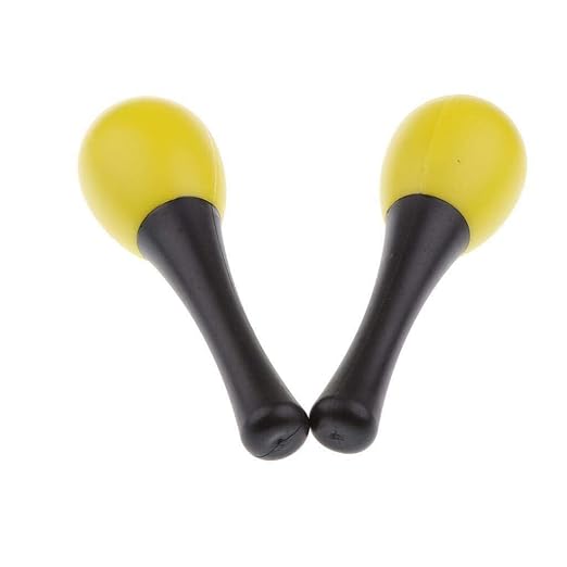 A pair of yellow and black plastic hand egg shaker rattles with handles.