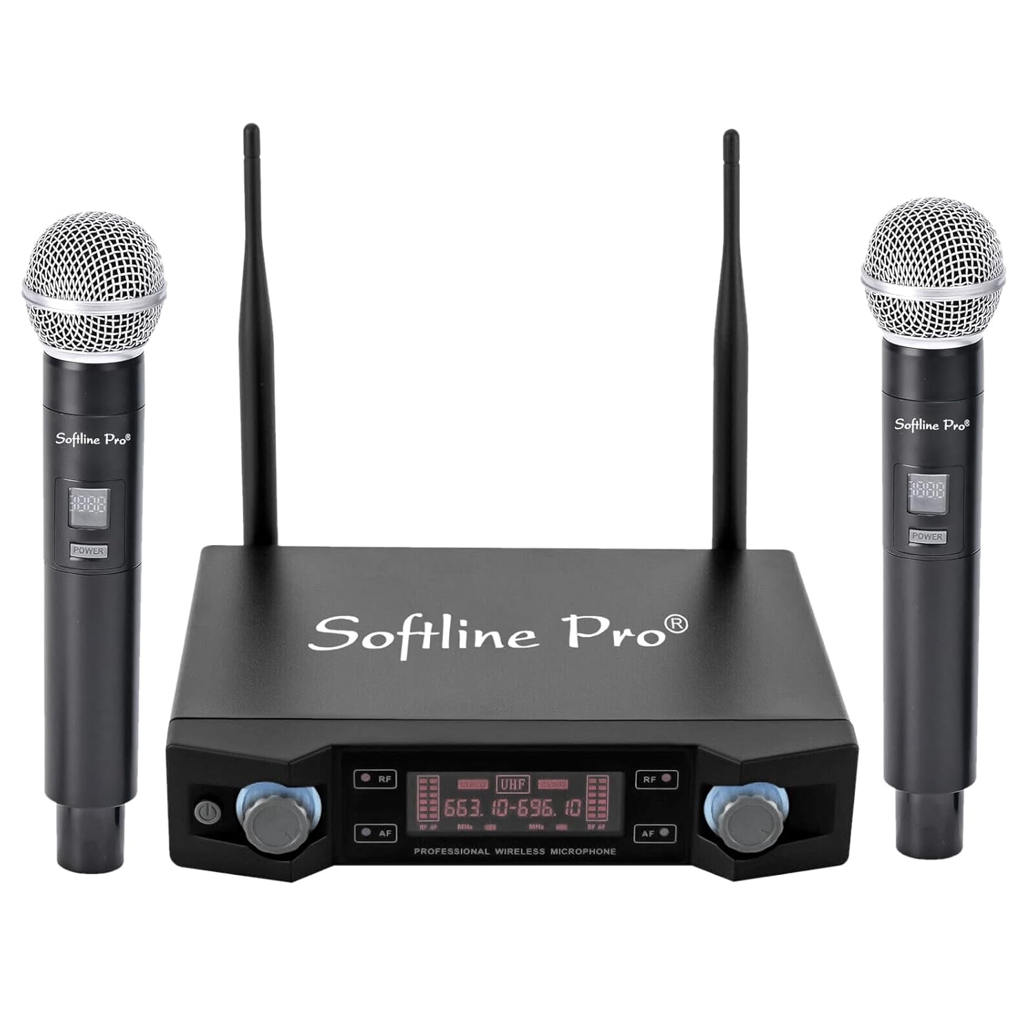 Softline Pro wireless microphone system with two handheld microphones on a white background