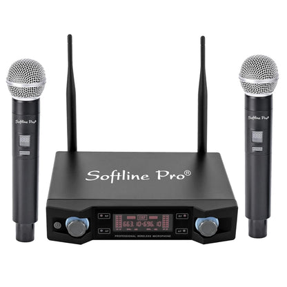 Softline Pro wireless microphone system with two handheld microphones on a white background