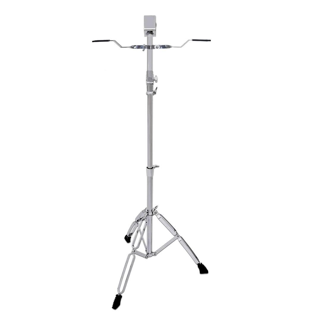 A chrome-finished, adjustable bongo drum stand made of metal, with three legs and padded connections.