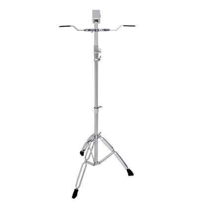 A chrome-finished, adjustable bongo drum stand made of metal, with three legs and padded connections.