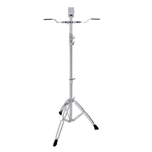A chrome-finished, adjustable bongo drum stand made of metal, with three legs and padded connections.