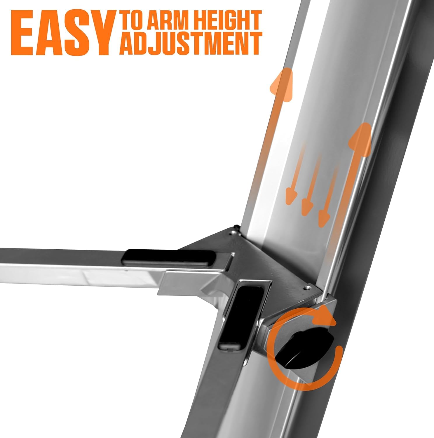 Close-up of a adjustable arm height mechanism with text 'EASY TO ARM HEIGHT ADJUSTMENT' on a white background.