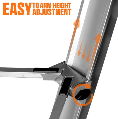 Close-up of a adjustable arm height mechanism with text 'EASY TO ARM HEIGHT ADJUSTMENT' on a white background.