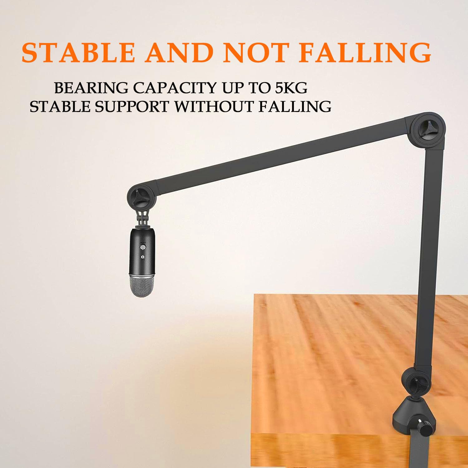 Durable anti-slip metal desk clamp of the SP RJ111 mic stand securely mounted on a wooden table, showcasing wobble-free stability.