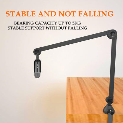 Durable anti-slip metal desk clamp of the SP RJ111 mic stand securely mounted on a wooden table, showcasing wobble-free stability.