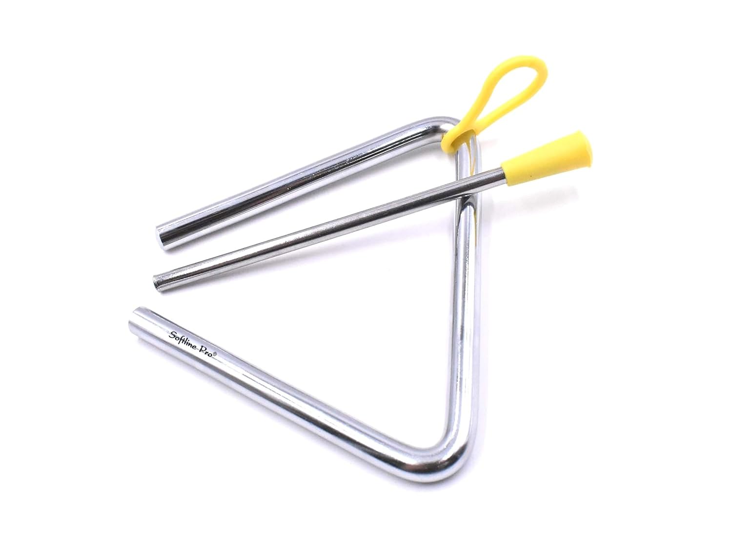Metallic triangle percussion instrument with a yellow handle on a white background