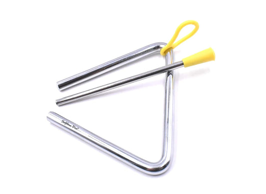 Metallic triangle percussion instrument with a yellow handle on a white background
