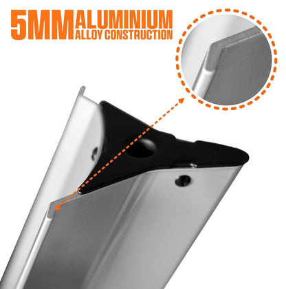 Metallic product with 5mm aluminium alloy construction highlighted on a white background