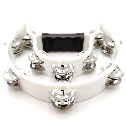 Handheld white tambourine with ergonomic half-moon grip