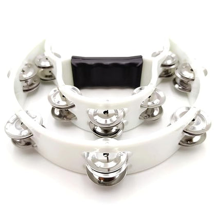 Handheld white tambourine with ergonomic half-moon grip
