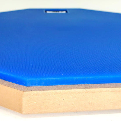 Blue exercise board with wooden base on a white background