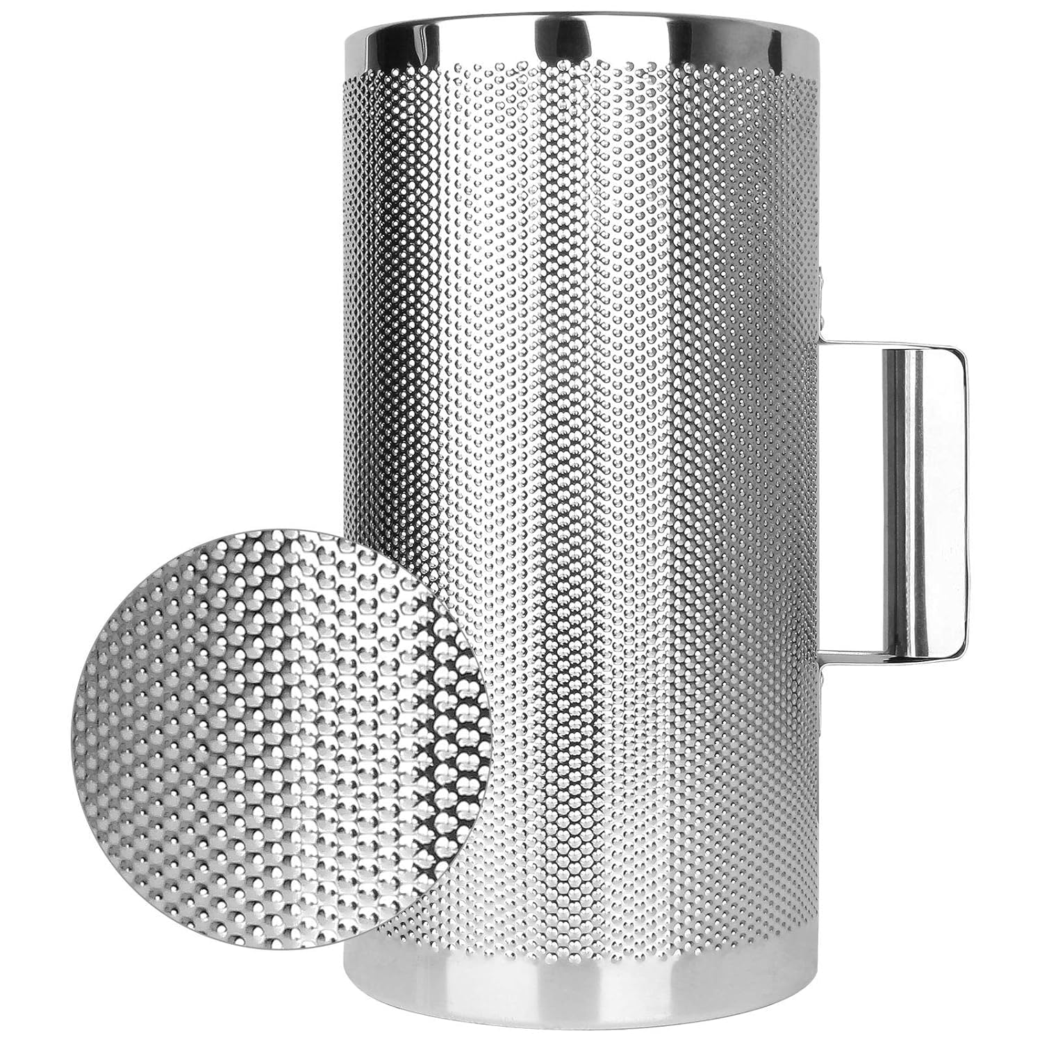 Metallic cylindrical grater with textured surface and handle on a white background