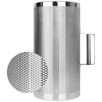 Metallic cylindrical grater with textured surface and handle on a white background