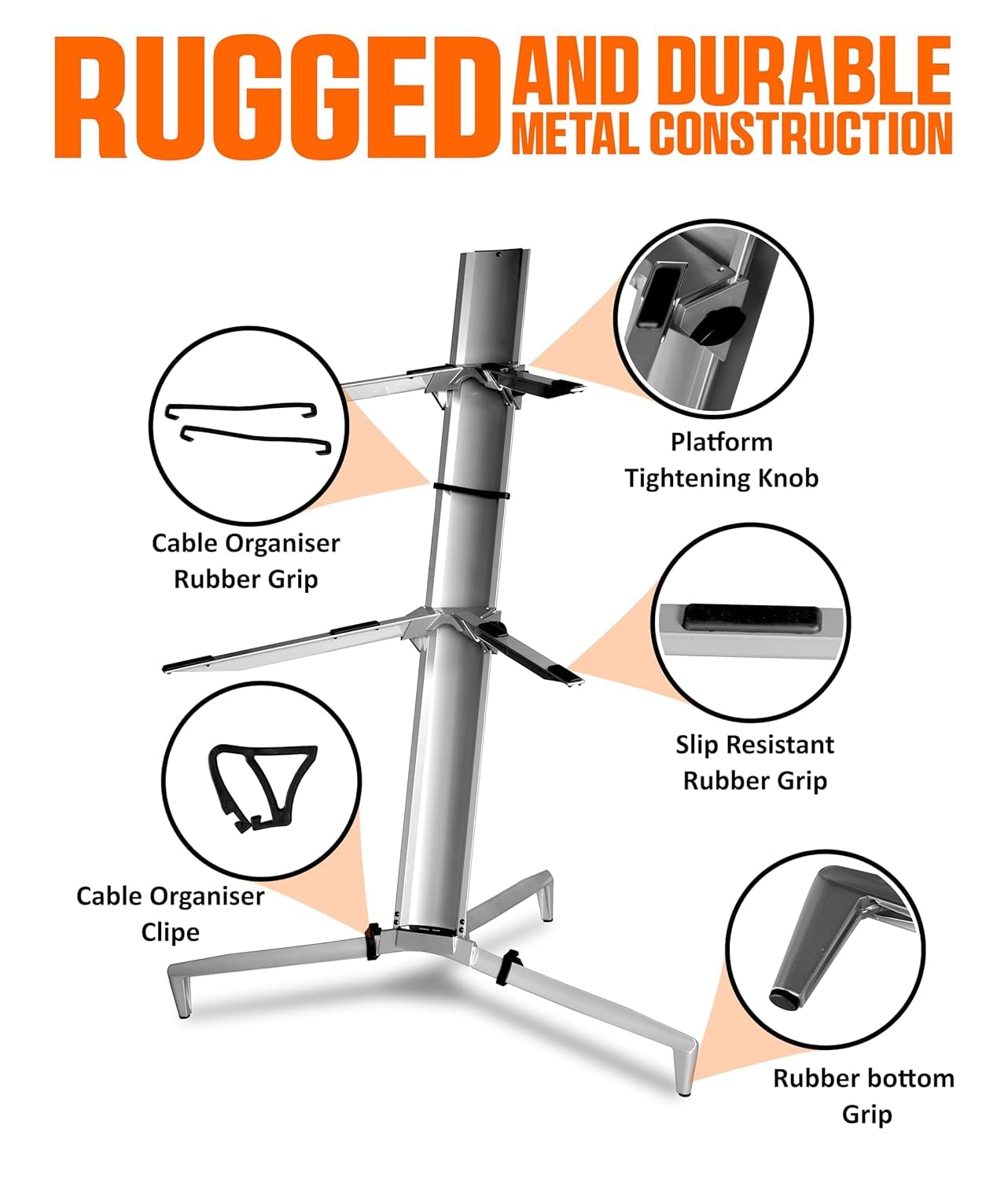 Metal stand with features highlighted on a white background
