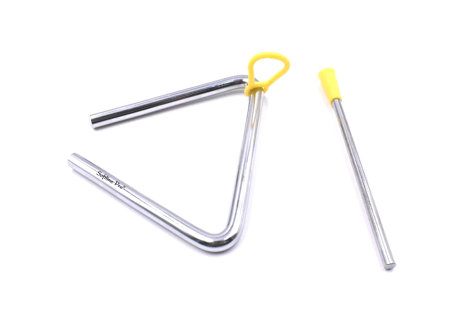 Metal triangle with yellow handles on a white background