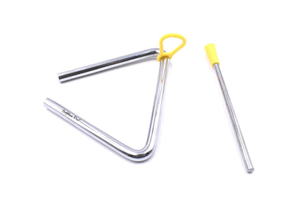 Metal triangle with yellow handles on a white background
