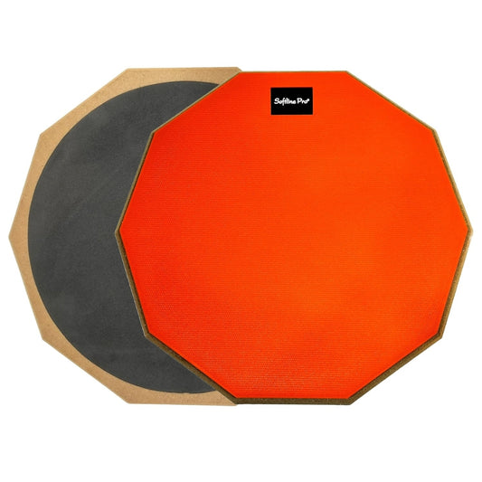 A double-sided Softline Pro audio video practice drum pad with orange and black rubber surfaces and a wooden rim.