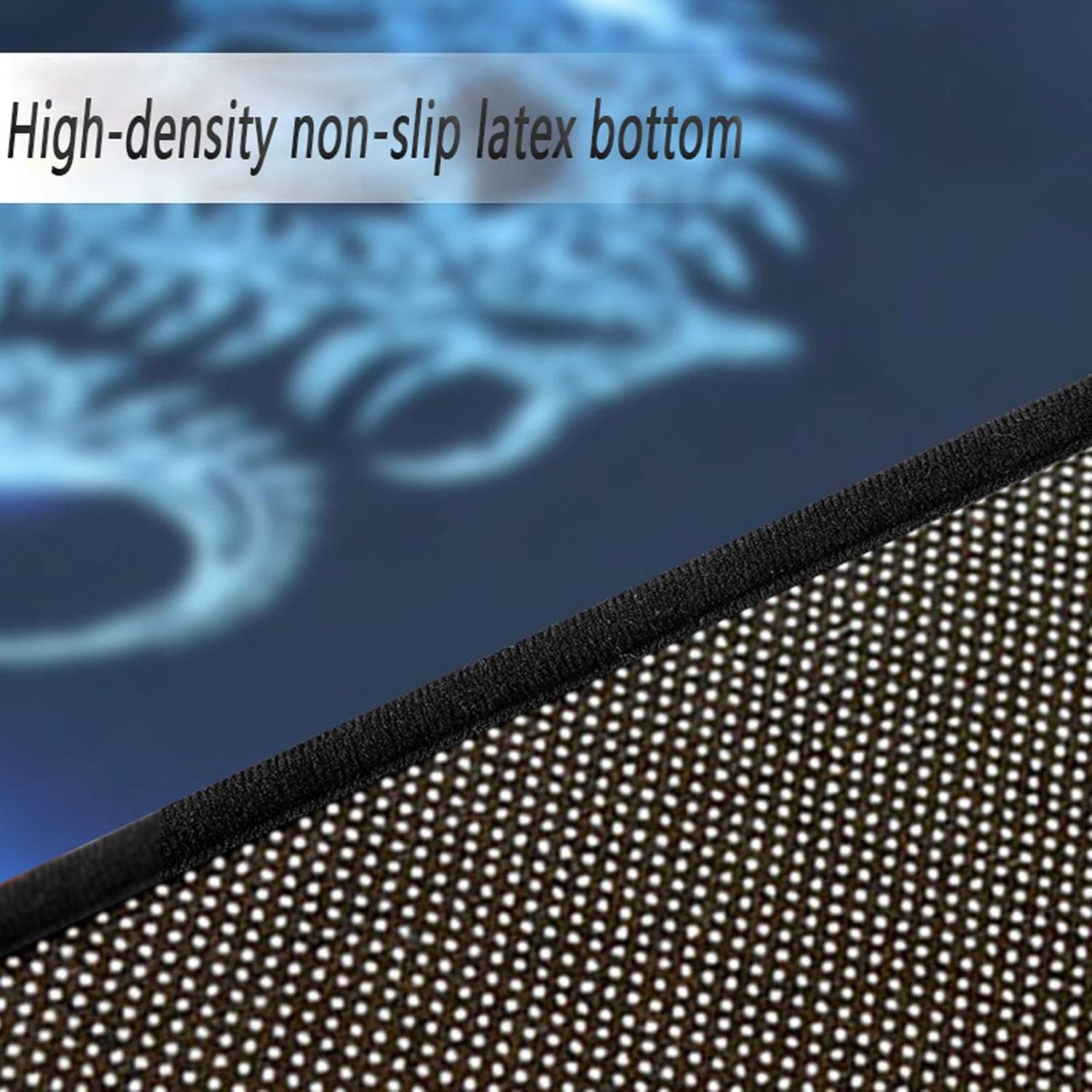 Close-up of a textured surface with text 'High-density non-slip latex bottom' on a blurred background