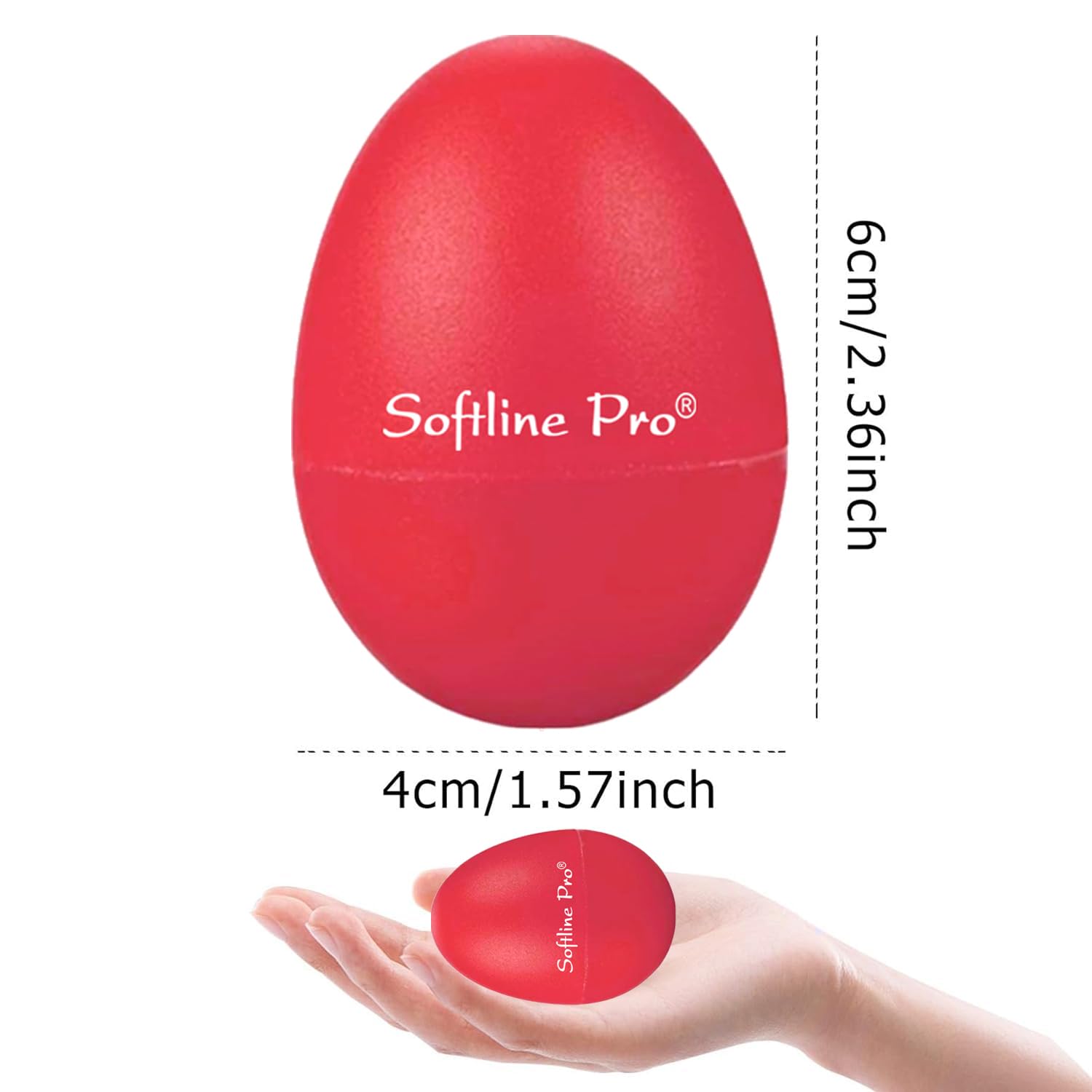 Red 'Softline Pro' egg-shaped product with dimensions and a hand for scale on a white background