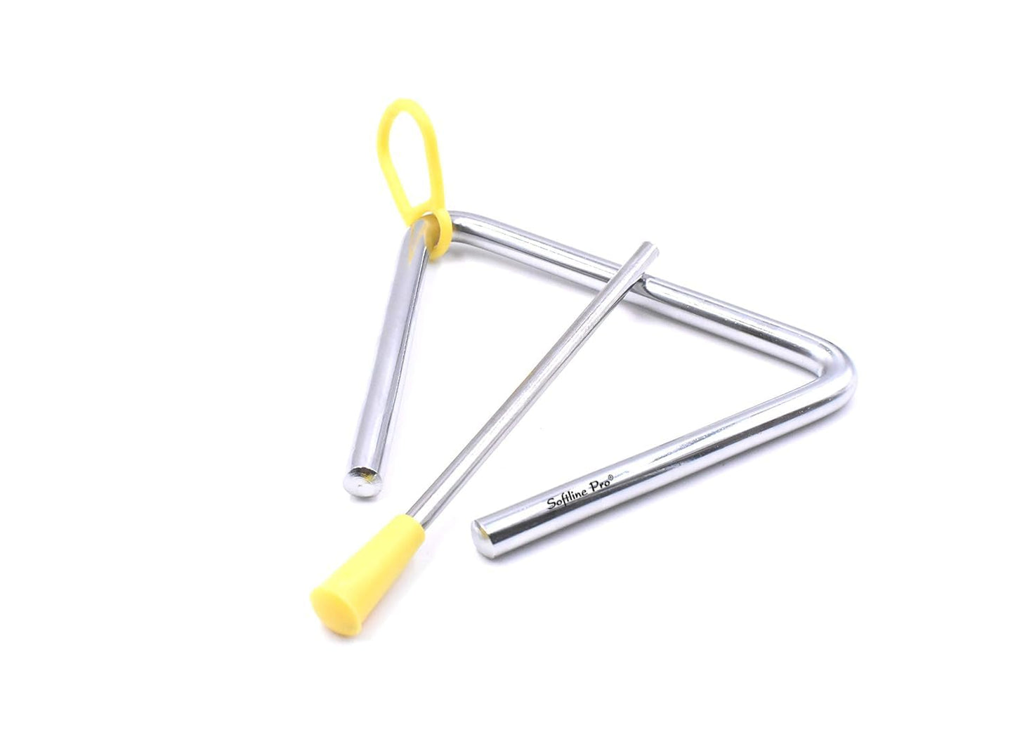 Metal triangle with yellow handles on a white background