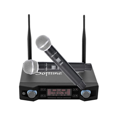 Wireless microphone system with two handheld microphones on a white background